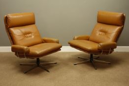 1970s pair swivel armchairs, upholstered in burnt orange leather, five spoke chrome bases, W75cm,