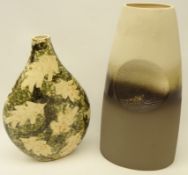 Studio pottery vase decorated with oak leaves & signed J.