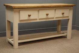 Waxed pine and painted kitchen dresser, three drawers, W148cm, H80cm,