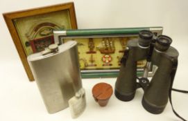 Pair Swift Observation 20 x 80 binoculars, pewter hip flask, large stainless steel hip flask,