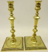 Pair 19th century brass candlesticks with reeded square base,