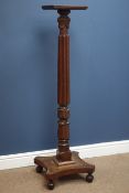 19th/20th century mahogany torchere, reeded column on platform, turned feet,