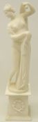 Classical style alabaster figure of a semi nude lady on square plinth,