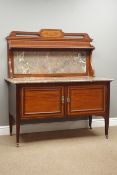 Edwardian inlaid mahogany washstand with marble back and top, two panelled cupboards,