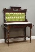 Edwardian marble top washstand with Art Nouveau tiled back above white marble top,
