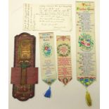 Three Victorian Stevengraph bookmarks including The Bridal Day,