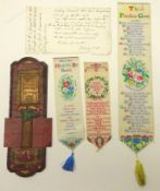 Three Victorian Stevengraph bookmarks including The Bridal Day,