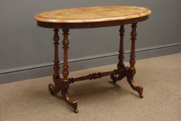 Victorian walnut oval stretcher table on four turned supports, and stretcher, W98cm, H69cm,