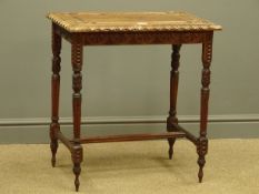 20th century carved walnut occasional rectangular table, four carved supports, W64cm, H67cm,