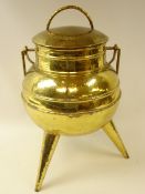 Hammered brass coal bin & cover, on three splayed legs with swing handle,