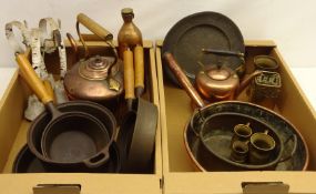 19th century copper kettle, three painted wrought iron servants bells, set of five saucepans,
