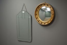 Circular gilt framed convex wall mirror and an Art Deco frameless mirror Condition Report