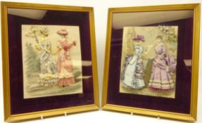 Two 19th century French fashion engravings, each embellished with silk dresses and lace,