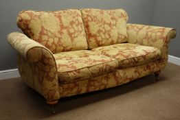 Three seat traditional style sofa upholstered in red and gold fabric, W200cm,