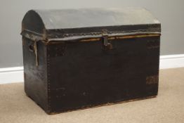 Early 20th century dome top travelling trunk, black painted canvas and metal bound,