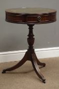 Reproduction mahogany drum table, circular inset leather top with two drawers,