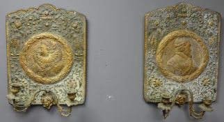 Pair 19th century embossed wall sconces, decorated with 16th century Monarchs,