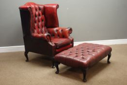 Georgian style wingback armchair upholstered in buttoned oxblood leather (W87cm),