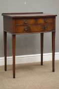 Small reproduction mahogany bow front three drawer side table, W61cm, H76cm,