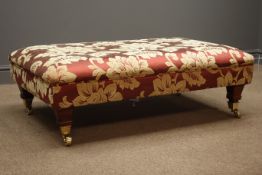Rectangular footstool upholstered in red and gold floral fabric, 104cm x 62cm,