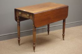 19th century mahogany drop leaf Pembroke table, drawer to end, turned supports, 89cm x 49cm,
