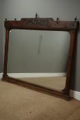 Large late 19th century oak over mantel mirror, scrolled relief carved pediment with turned finials,