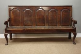 Georgian Oak Settle, back with five fielded panels, solid seat with cabriole legs, W187cm, H101cm,