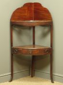 George III bow front corner washstand, stepped raised back above two tiers,