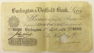 Burling and Driffield five pound banknote, issued for Harding & Co, 3rd September 1880,