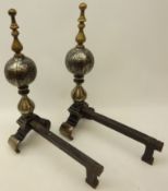 Pair 19th century polished steel & brass fire dogs,