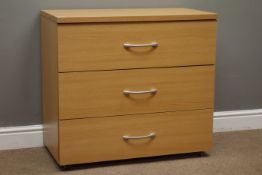 Oak finish three drawer chest, W81cm, H74cm,