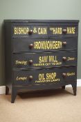 19th century black and waxed finish bow front chest,