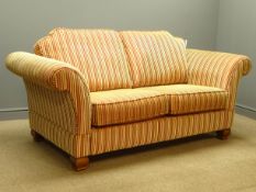 Two seat sofa upholstered in red and gold stripe fabric, W188cm,