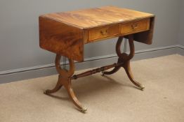 Reproduction mahogany drop leaf sofa table on lyre shaped supports, 91cm x 55cm,