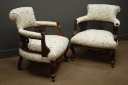 Pair Edwardian walnut framed tub shaped armchairs,