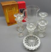 Iittala glass 'Gaissa' water jug, boxed, four Festivo' type candlesticks, 'Aurora' candlestick,