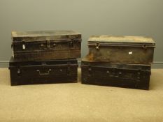 Three 'Warranted Best Steel Japanned' rectangular travelling trunks, black painted (W93cm, H34cm,