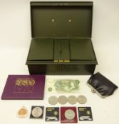 Great British coins in a green painted metal strong box; Page one pound note 'DY08',