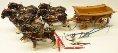 Set four pottery shire horses with cart & two Beswick shire horses with cast metal plough