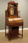 Edwardian inlaid mahogany writing cabinet with raised mirror back and cylinder top,