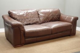 Three seat sofa upholstered in brown leather (W210cm, D90cm),