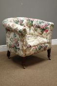 Victorian rosewood framed tub shaped armchair upholstered in buttoned Sanderson fabric,