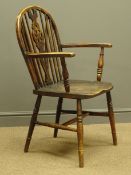 Late 19th century beech armchair, stick and wheel splat back, dished elm seat,