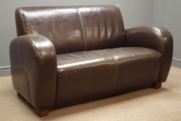 Two seat sofa upholstered in brown leather, W145cm,
