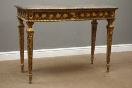 Pair of 18th century style gilt console tables faux marble tops on scroll and leaf moulded supports