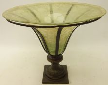 20th century cast metal centrepiece, trumpet shaped with glass bowl on square foot,