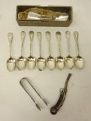 Silver-plated Bosuns Call with military crows foot mark & set of twelve Edwardian silver-played