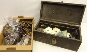 Painted pine box containing 19th/ early 20th century painted cast metal locks,