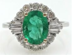 18ct white gold emerald and diamond cluster ring, stamped 750, emerald approx 1.