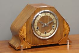 Art Deco walnut mantle clock, triple train Westminster chime movement,